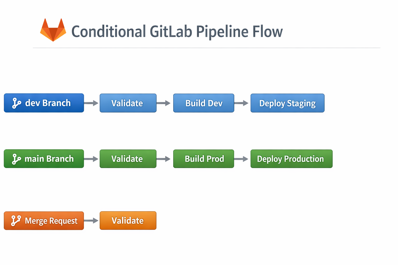 Conditional GitLab CI/CD Pipeline flow for dev main and merge request branches
