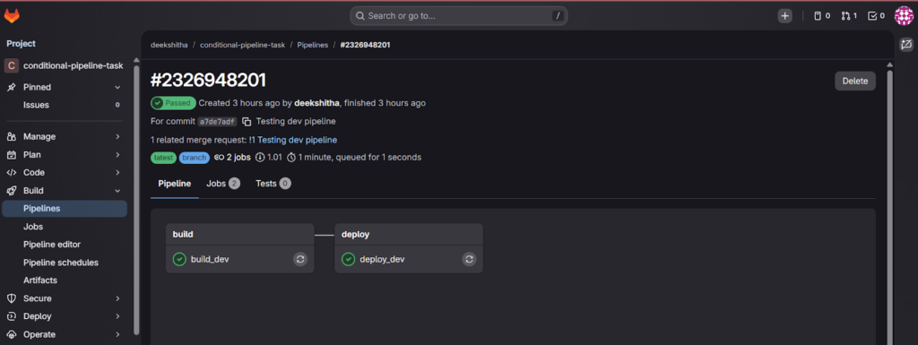 Conditional GitLab CI/CD Pipeline running dev branch jobs